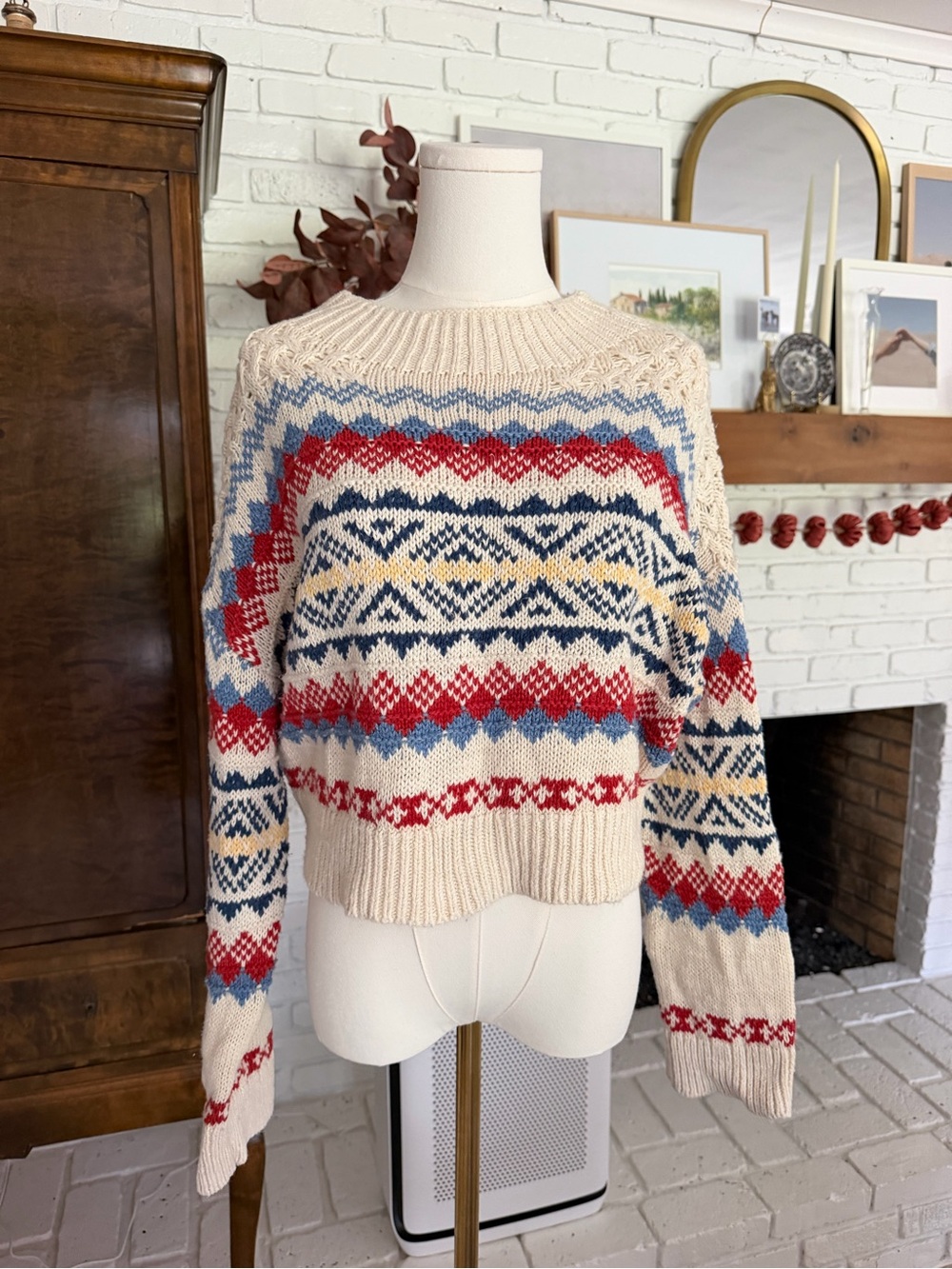 Polo by Ralph Lauren Cream Fair Isle Crewneck Sweater with Red, Blue & Yellow